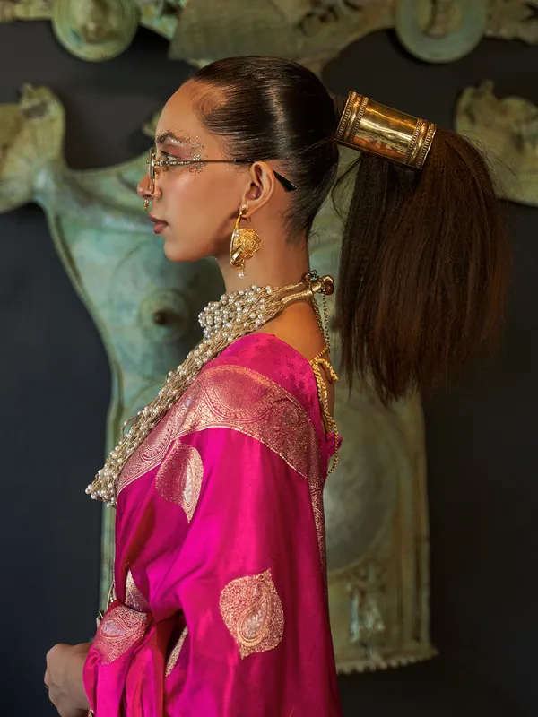 Magenta satin silk saree