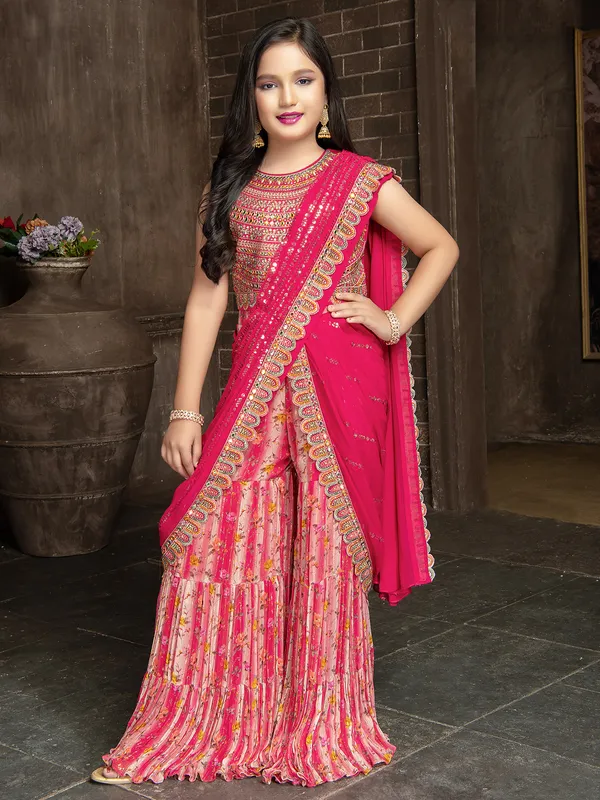 Magenta sharara suit with attached drape dupatta
