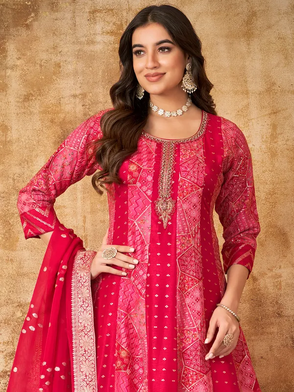 Magenta silk anarkali suit with print