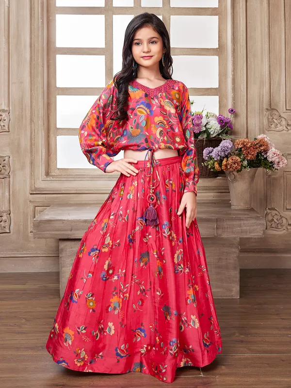 Magenta silk crop top with lehenga