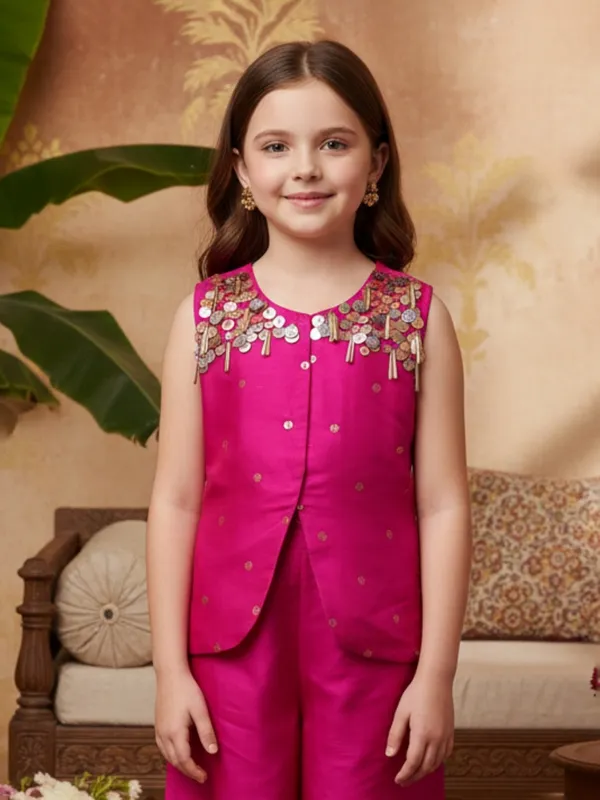 Magenta silk designer sequin zari palazzo suit