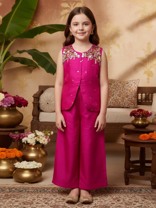 Magenta silk designer sequin zari palazzo suit