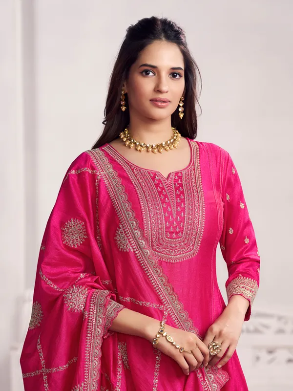 Magenta silk embroidered kurti set with heavy dupatta