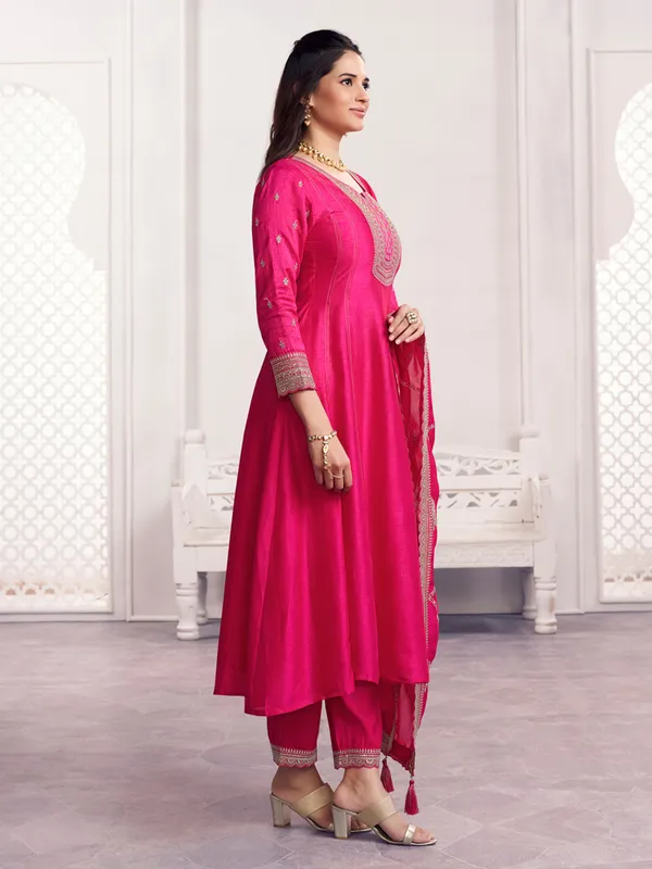 Magenta silk embroidered kurti set with heavy dupatta