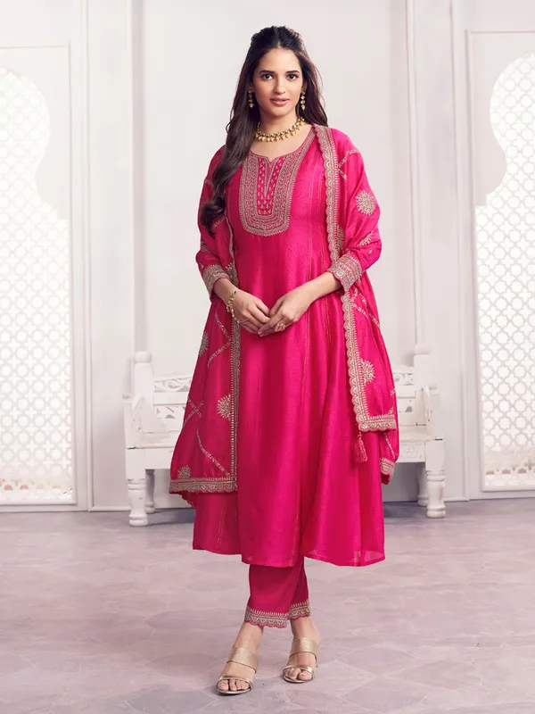 Magenta silk embroidered kurti set with heavy dupatta