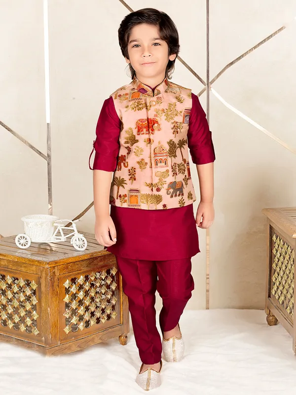 Magenta silk festive wear waistcoat set for boys