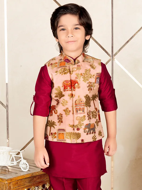 Magenta silk festive wear waistcoat set for boys