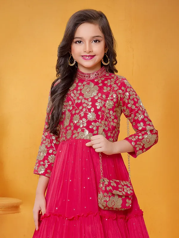 Magenta silk floor length gown with sequins