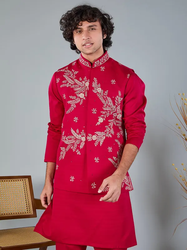 Magenta silk heavy embellished waistcoat set