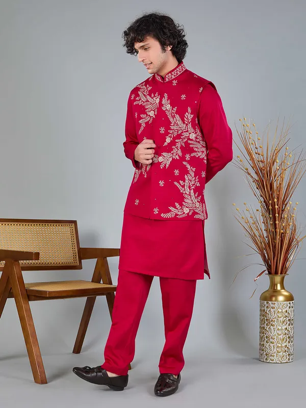 Magenta silk heavy embellished waistcoat set