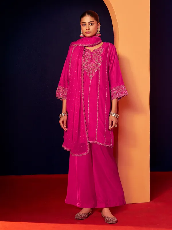 Magenta silk kurti set with palazzo and dupatta