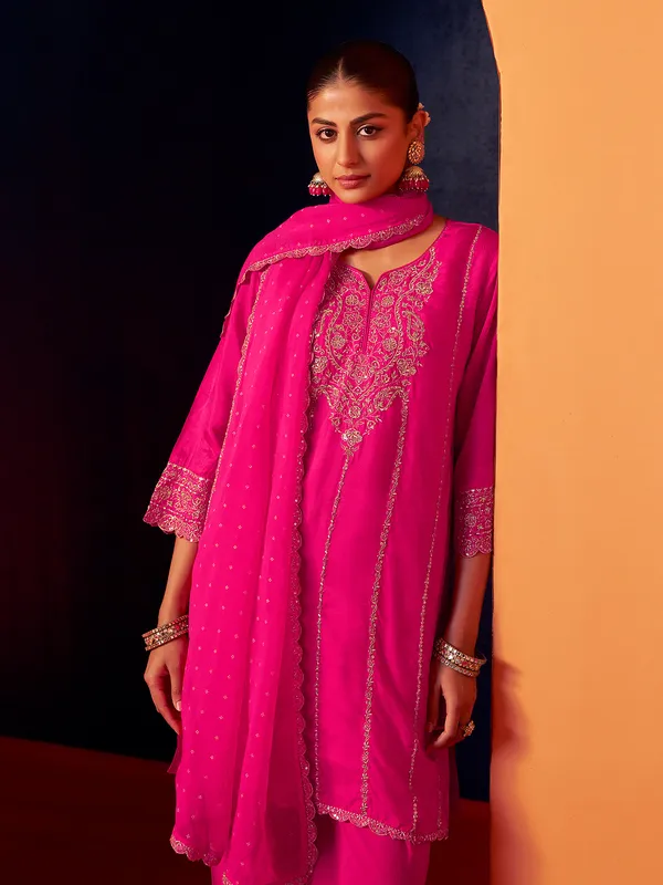 Magenta silk kurti set with palazzo and dupatta