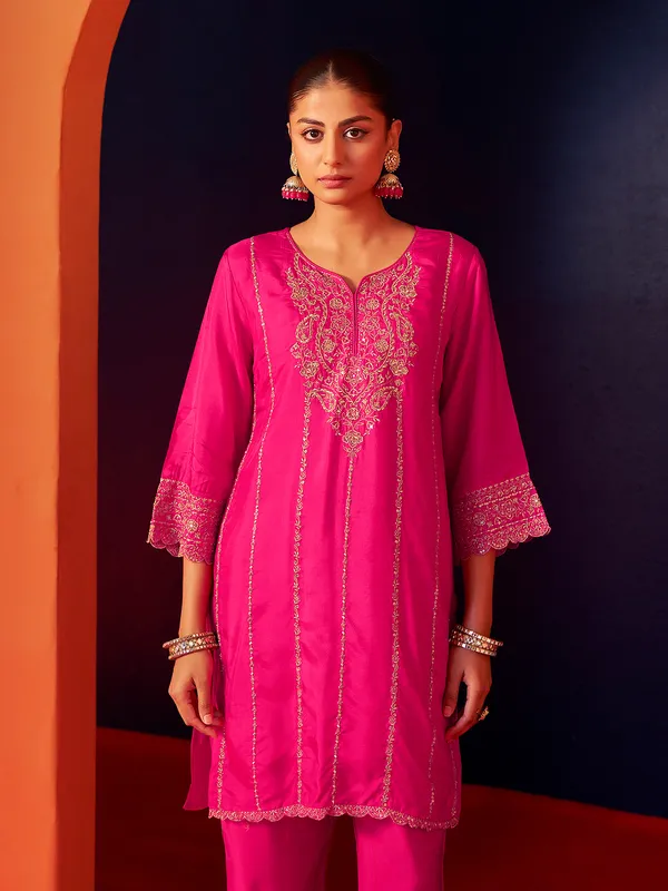 Magenta silk kurti set with palazzo and dupatta