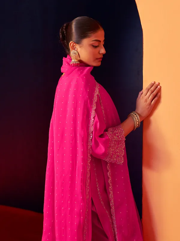 Magenta silk kurti set with palazzo and dupatta