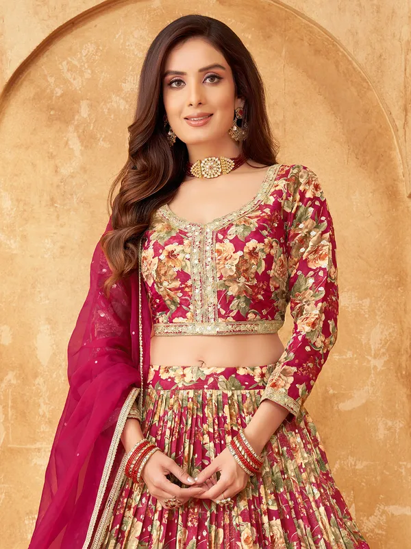 Magenta silk lehenga choli with print