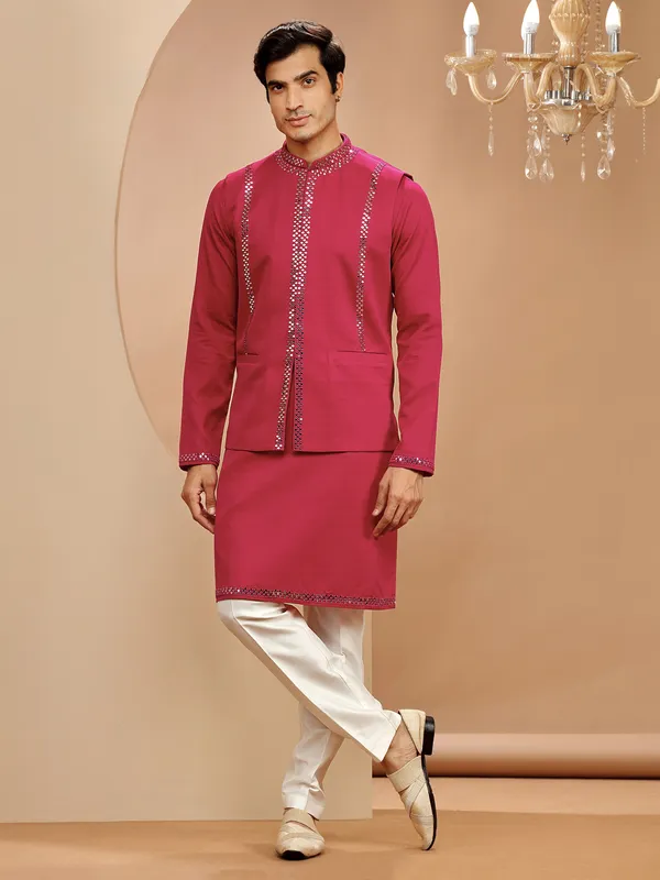 Magenta silk mirror work waistcoat set