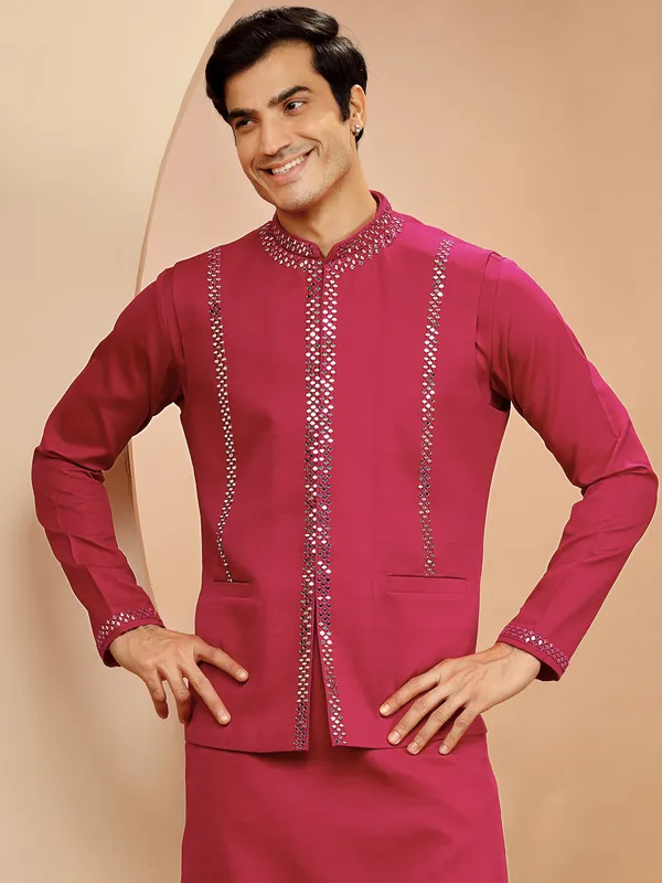 Magenta silk mirror work waistcoat set