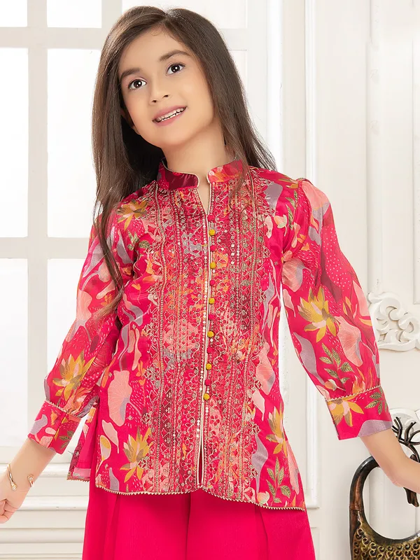 Magenta silk palazzo suit with printed