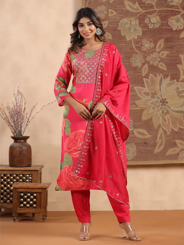 Magenta silk printed kurti set