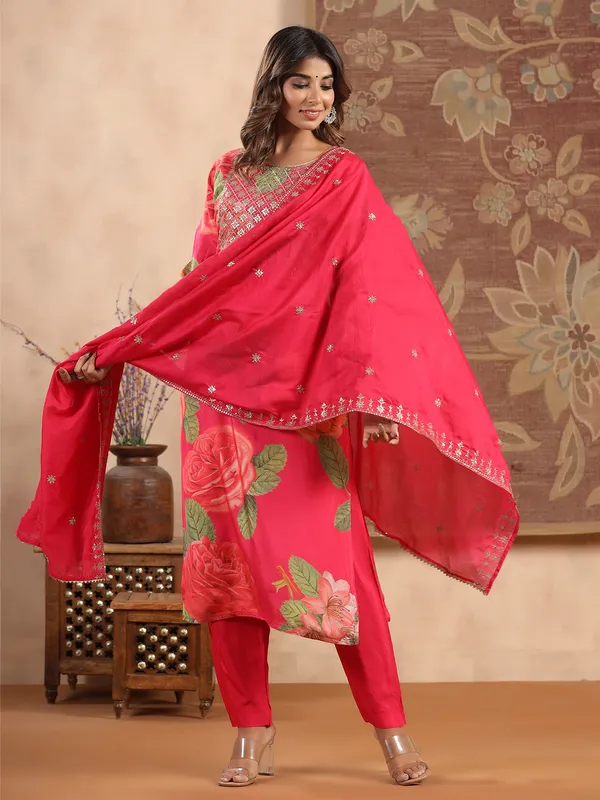 Magenta silk printed kurti set