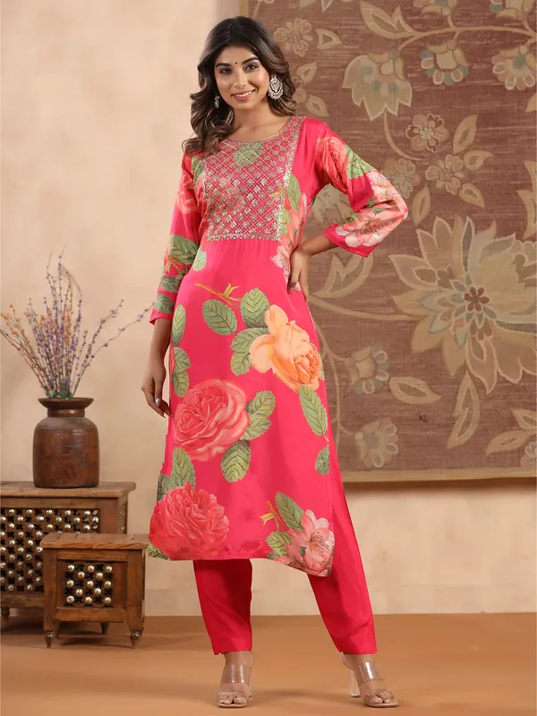 Magenta silk printed kurti set