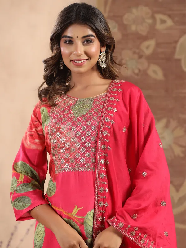 Magenta silk printed kurti set