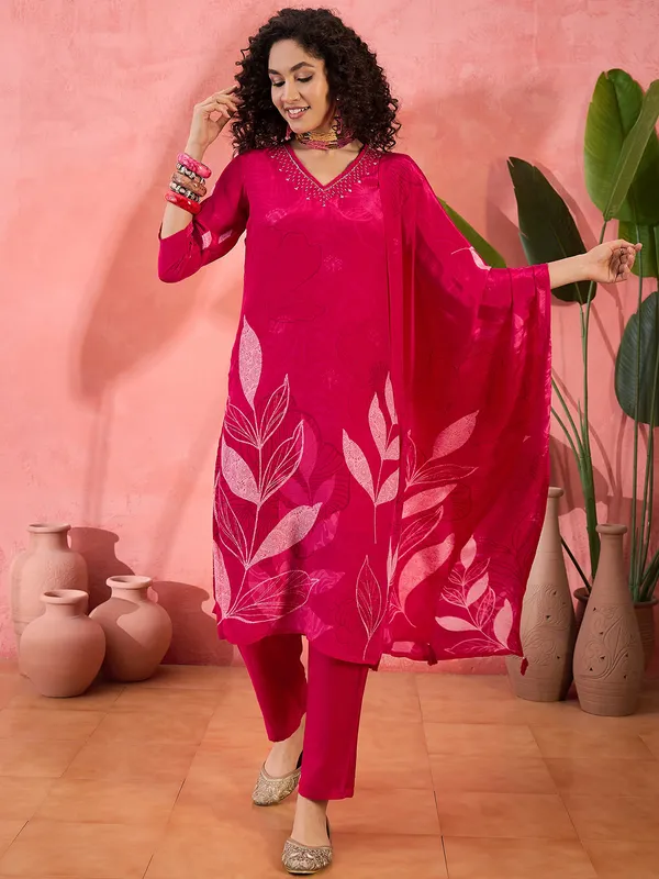 Magenta silk printed kurti set for women
