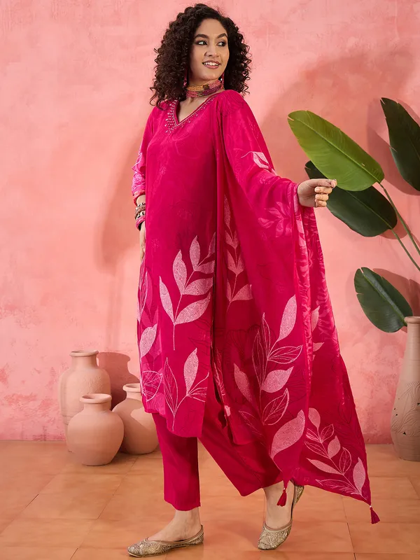 Magenta silk printed kurti set for women
