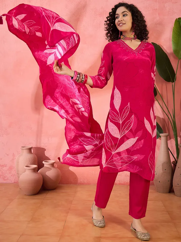 Magenta silk printed kurti set for women