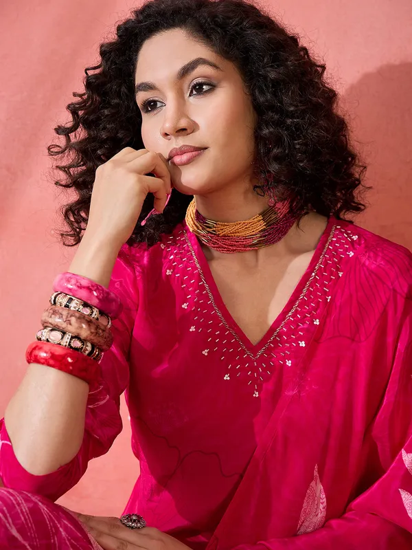 Magenta silk printed kurti set for women