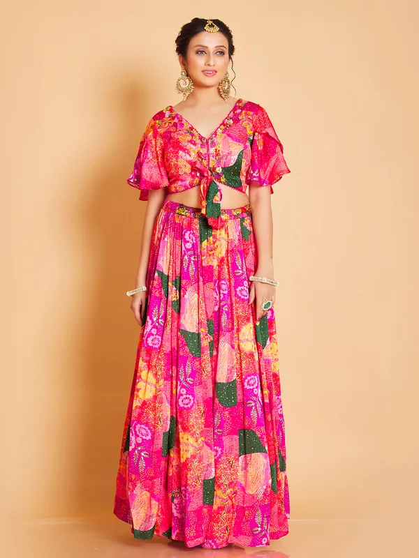 Magenta silk printed lehenga with crop top