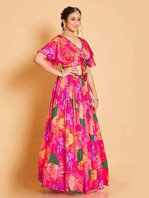 Magenta silk printed lehenga with crop top