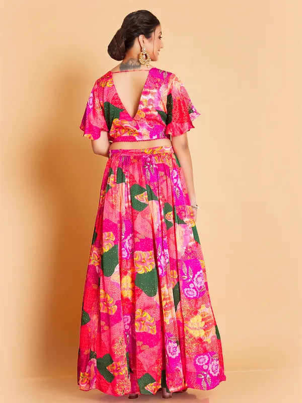Magenta silk printed lehenga with crop top