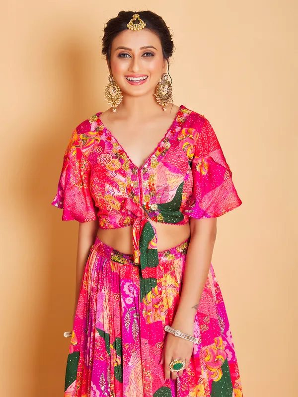 Magenta silk printed lehenga with crop top