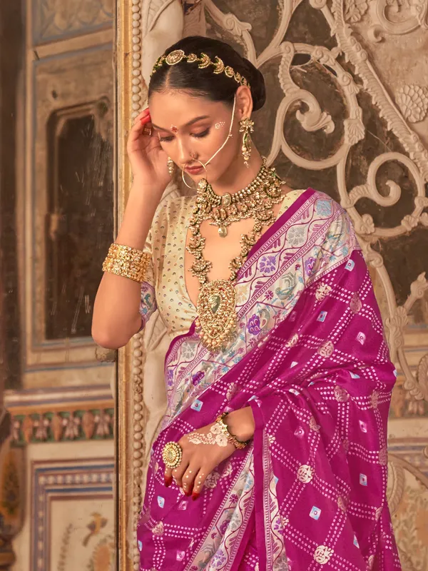 Magenta silk printed saree with zari work
