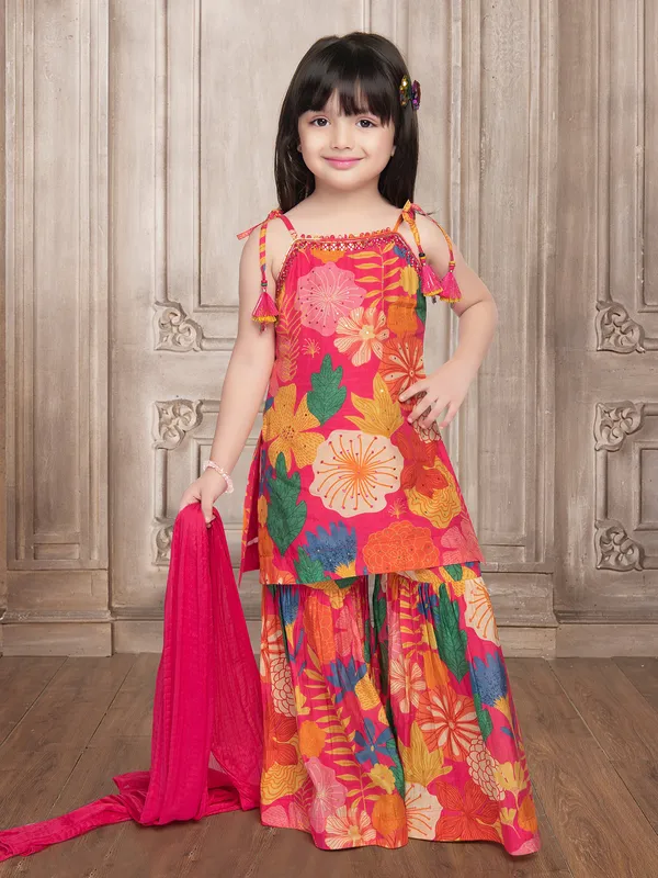 Magenta silk printed sharara suit