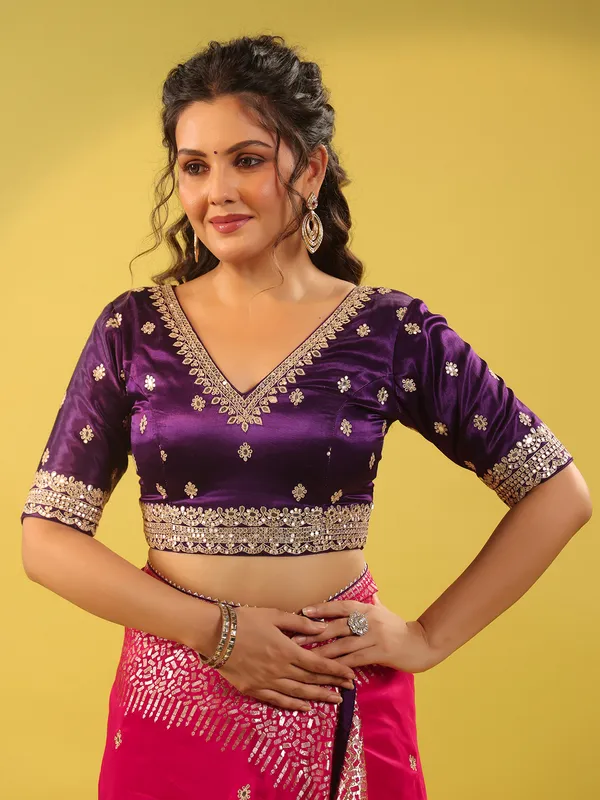 Magenta silk saree with purple blouse for wedding