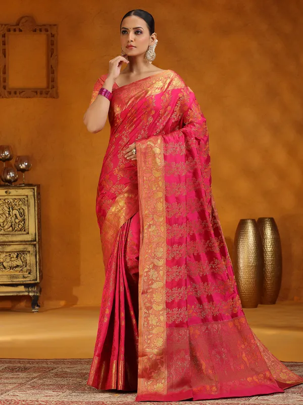 Magenta silk saree with zari embellishment