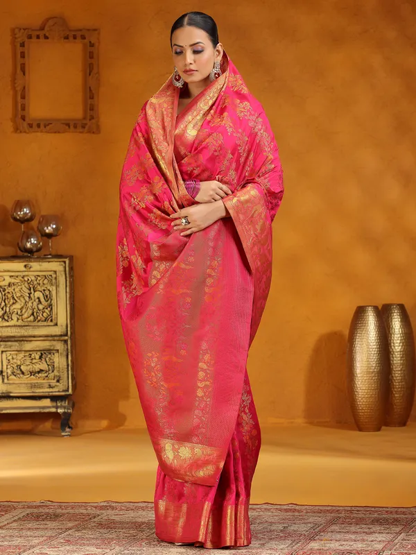 Magenta silk saree with zari embellishment