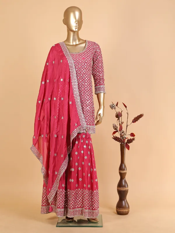 Magenta silk sharara suit with dupatta