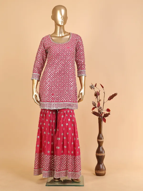 Magenta silk sharara suit with dupatta