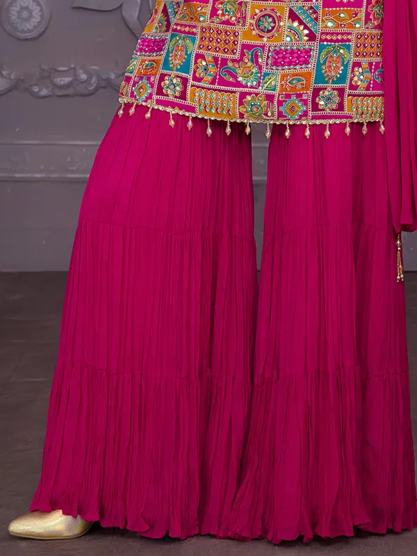 Magenta silk sharara suit with mirror work for festive