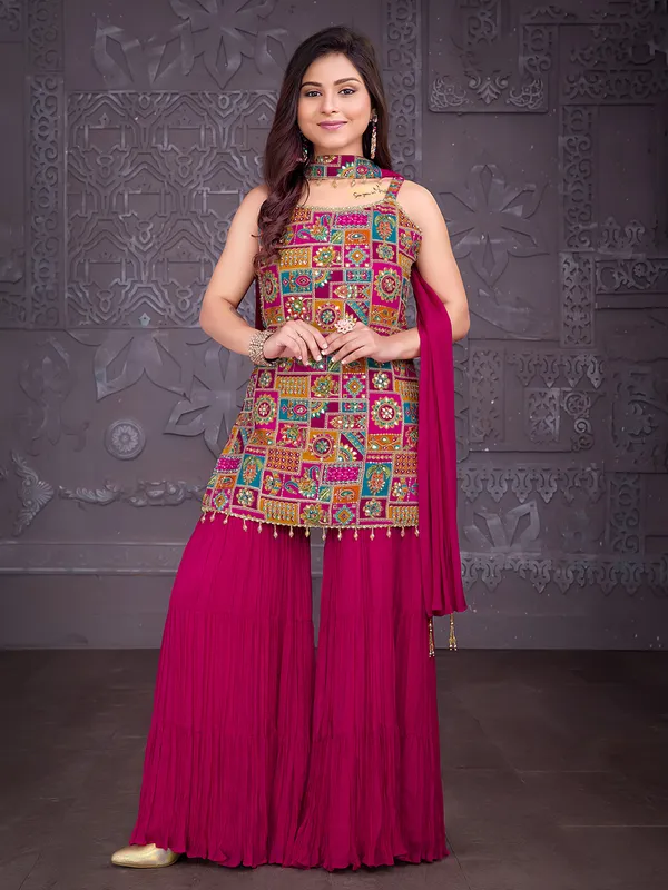 Magenta silk sharara suit with mirror work for festive