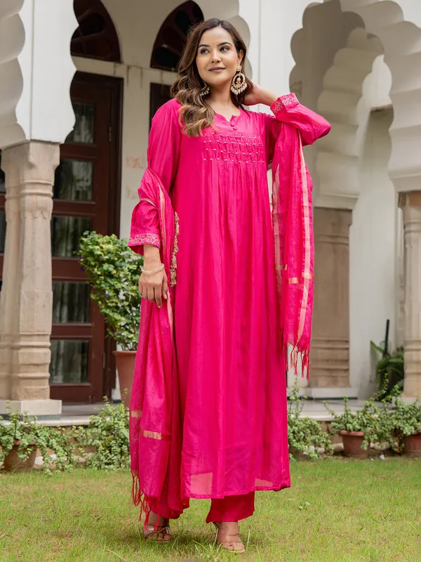 Magenta silk straight cut kurti set with dupatta