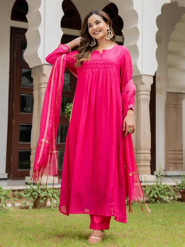 Magenta silk straight cut kurti set with dupatta