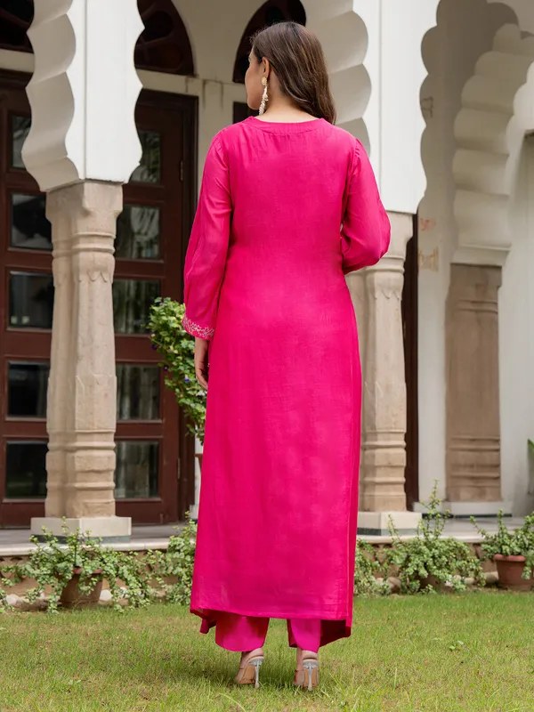 Magenta silk straight cut kurti set with dupatta