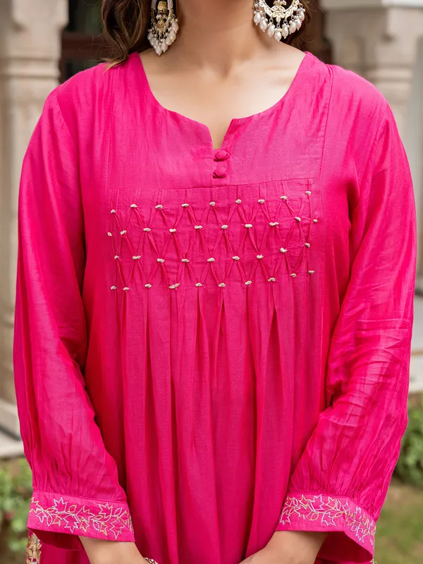 Magenta silk straight cut kurti set with dupatta