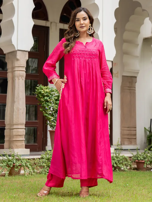 Magenta silk straight cut kurti set with dupatta