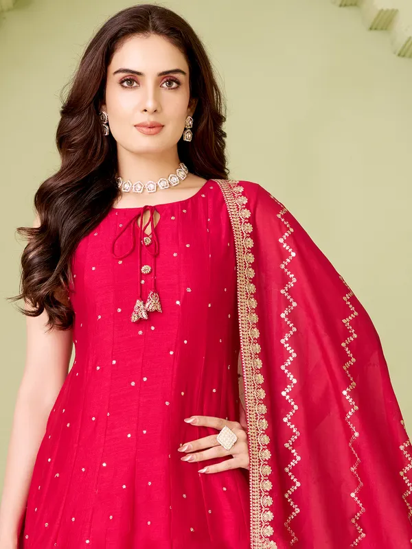 Magenta silk straight cut salwar suit with dupatta