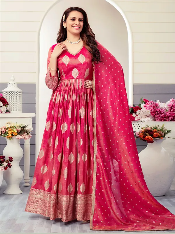 Magenta tissue silk floor length anarkali suit